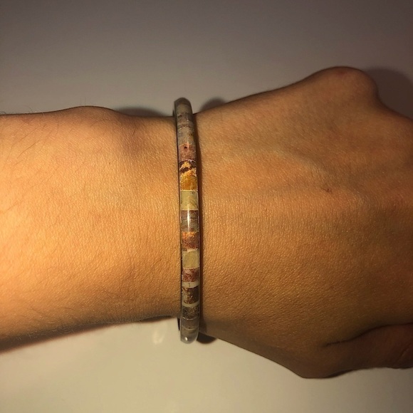 VTG 70s Brass & Stone Inlay Boho Hippie Stacking Bangle 8” / 2.6” Diameter - Picture 1 of 4